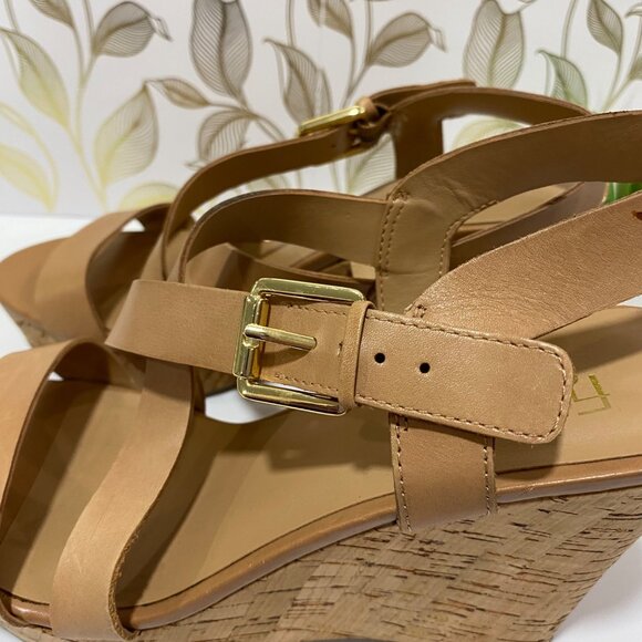 Franco Sarto Wedge Sandals With Straps & Cork Heel - Size 8 - Tan Leather Upper - Picture 8 of 12